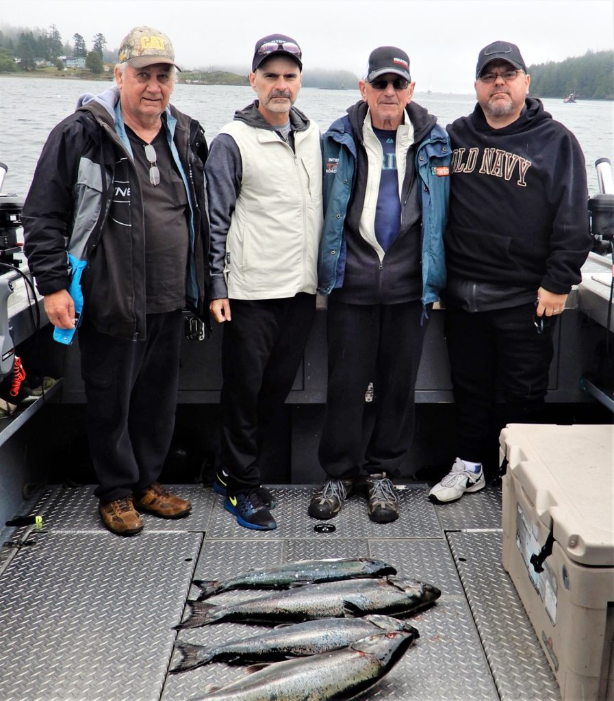 This image has an empty alt attribute; its file name is L-R-Ken-Johnson-Mitch-Leeuw-Len-Leeuw-Bart-Leeuw-Fishing-trip-Eucluelet-2018-897x1024.jpg